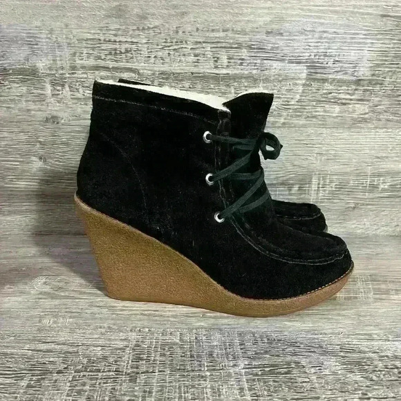 Rebecca Minkoff Black Suede Lace Up Wedge Booties Size 10M - Picture 12 of 13